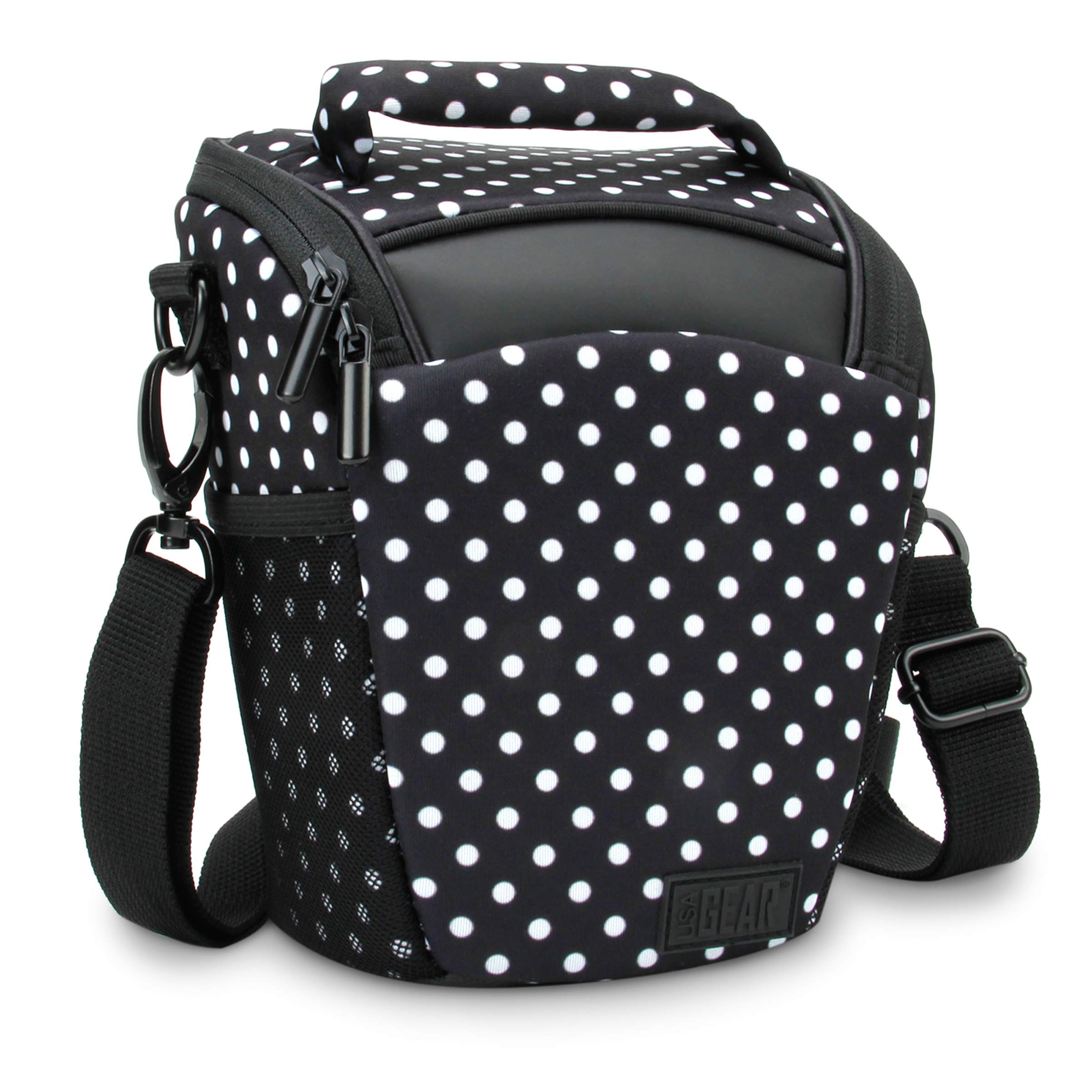 USA Gear SLR Camera Small Case Bag for Men and Women with Top Loading Accessibility, Adjustable Shoulder Sling, Padded Handle - Comfortable, Durable and Light Weight for Nikon, Canon, etc (Polka Dot)