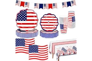 BFUN 4th of July Party Tableware Set,Patriotic Dinner Plates,Dessert Plates,July Fourth Party Napkins,Tablecloths,Cups,Banners for Independence Day Party,Memorial Day,Veterans Day, Election Day-Serves 24