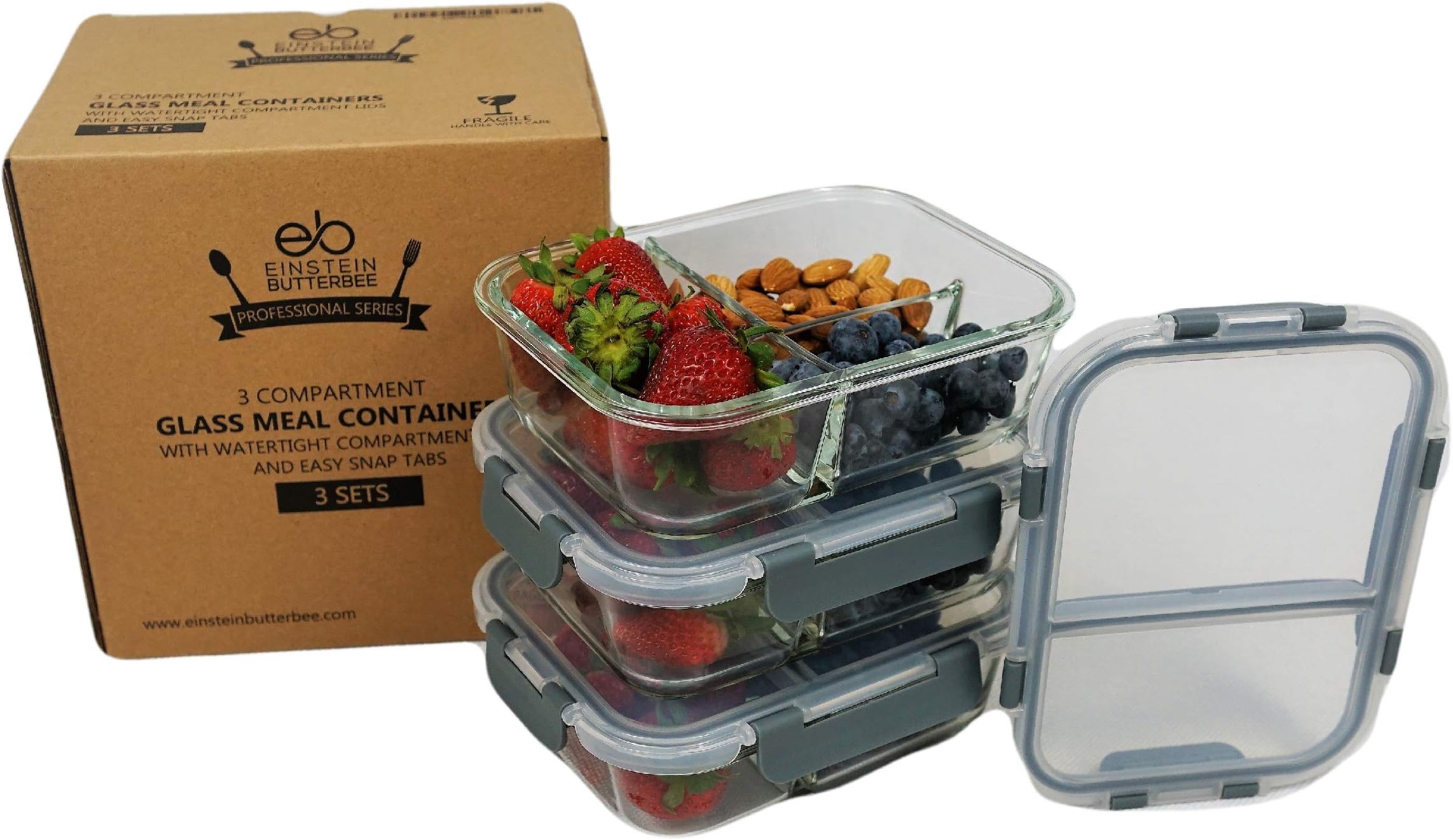 [3-Pack - New 2019 Design] 3 Compartment Bento Boxes Glass Food Container with Maria Emmerich Keto Diet Cookbook Sample - Leak Proof Meal Prep and Portion Control