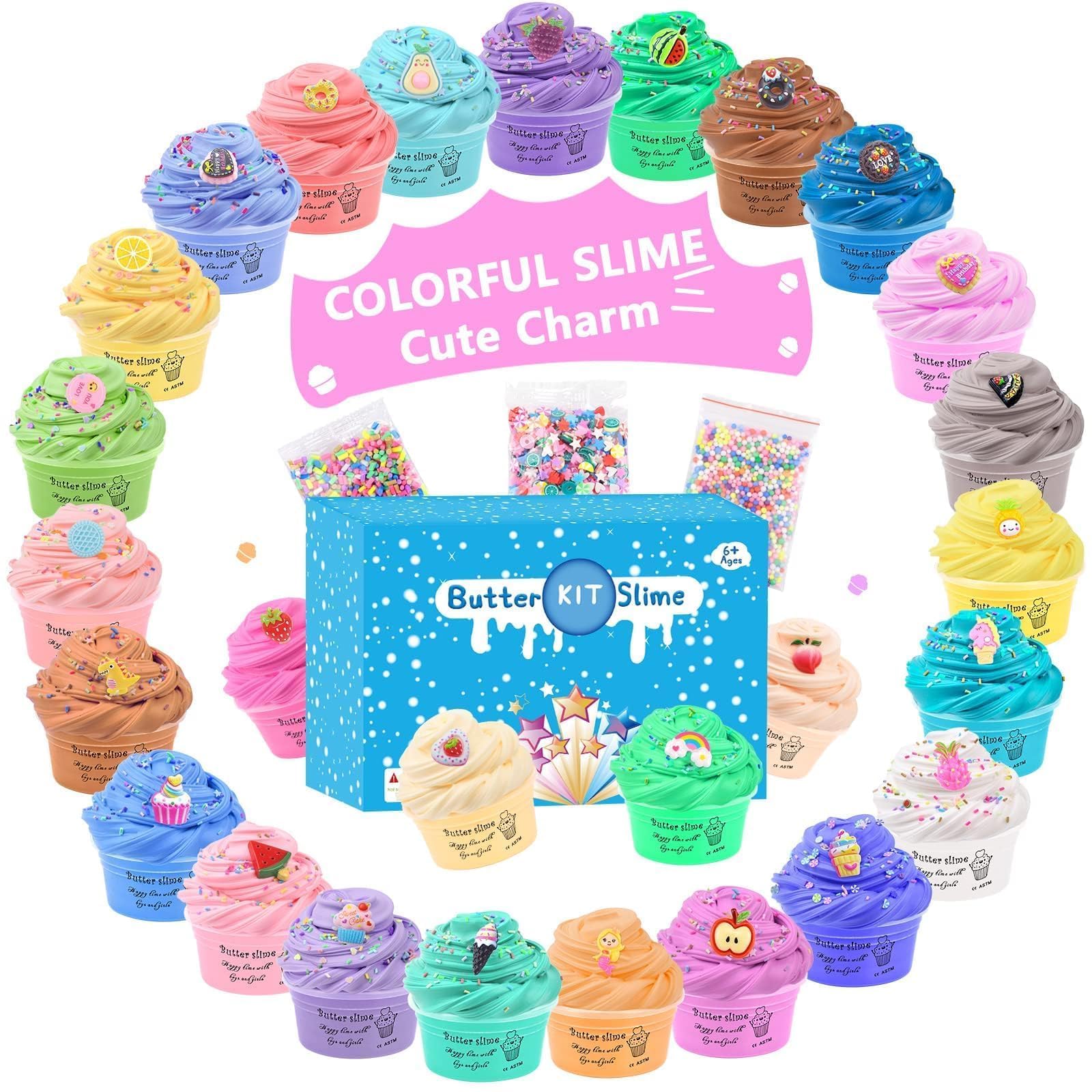 Butter Slime Kit 27 Pack, with Candy, Ice Cream, Fruit Etc, Cute Fun Charms Scented Slime for Kids Party Favor, Stress Relief Toy for Girls and Boys, DIY Slime Soft Not Sticky and Stretch