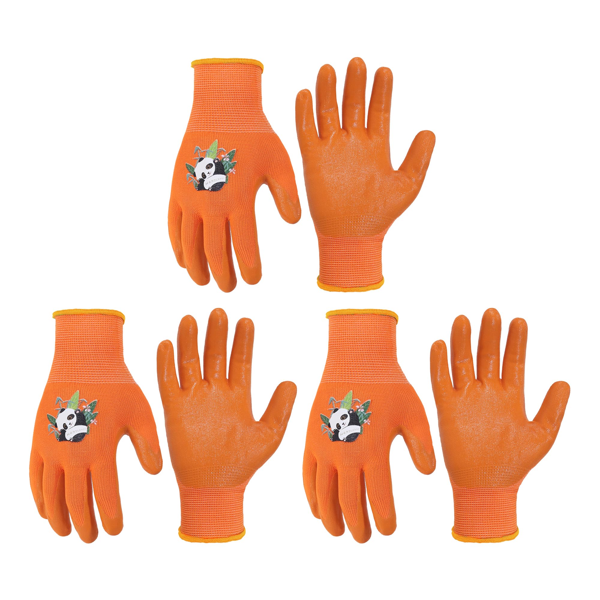 HANDLANDY 3 Pairs Kids Gardening Gloves for Age 2-13, Toddler Children Garden Yard Work Outdoor Playing Gloves, Rubber Coating, for Girls Boys Youth (Orange, Size L, Age 5-7)