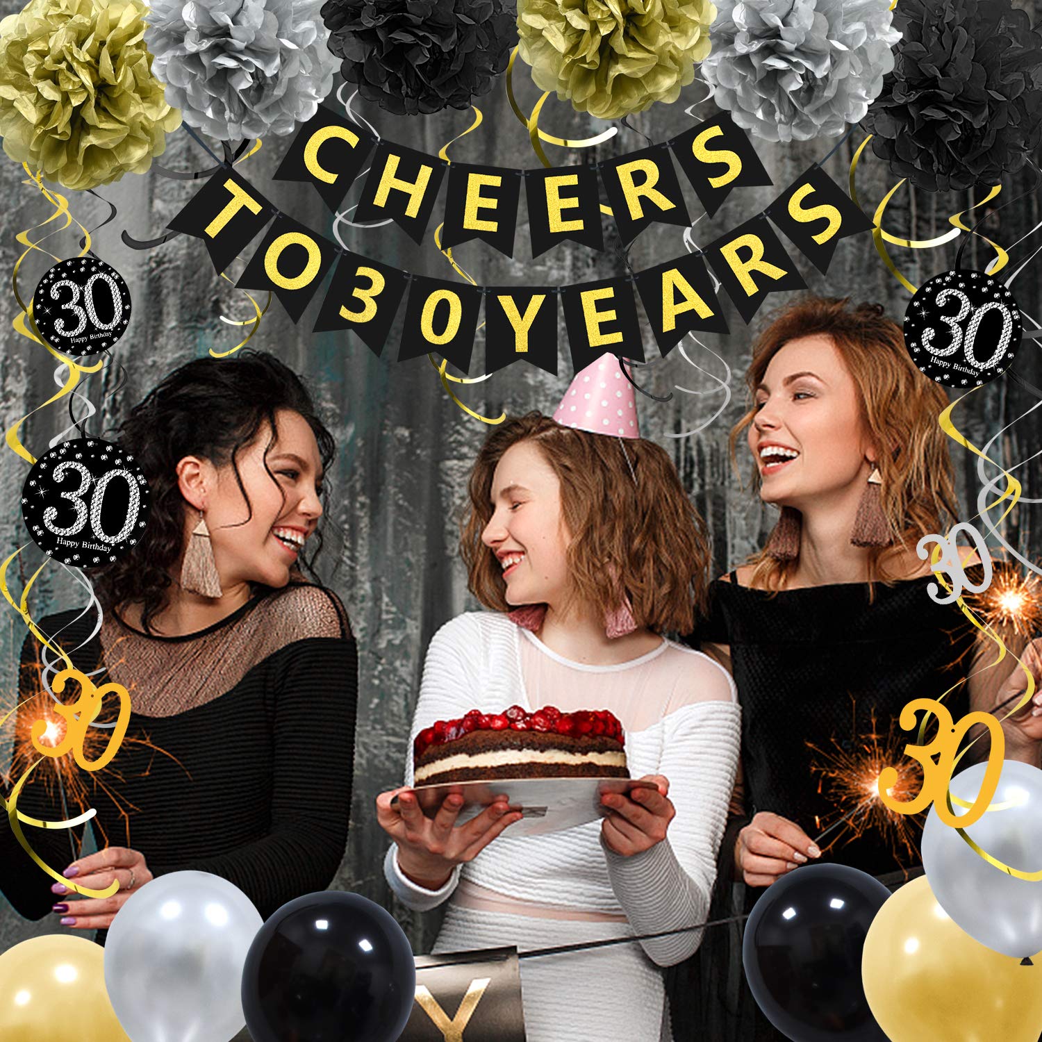 ZukoCert 30th Birthday Decorations Kit Gold Glittery Cheers to 30 Years Banner,6 Pcs Paper Pom Poms,20 Pcs Balloons,12 Pcs Sparkling Hanging Swirl Celebrate for 30th Anniversary Decorations Party Supplies