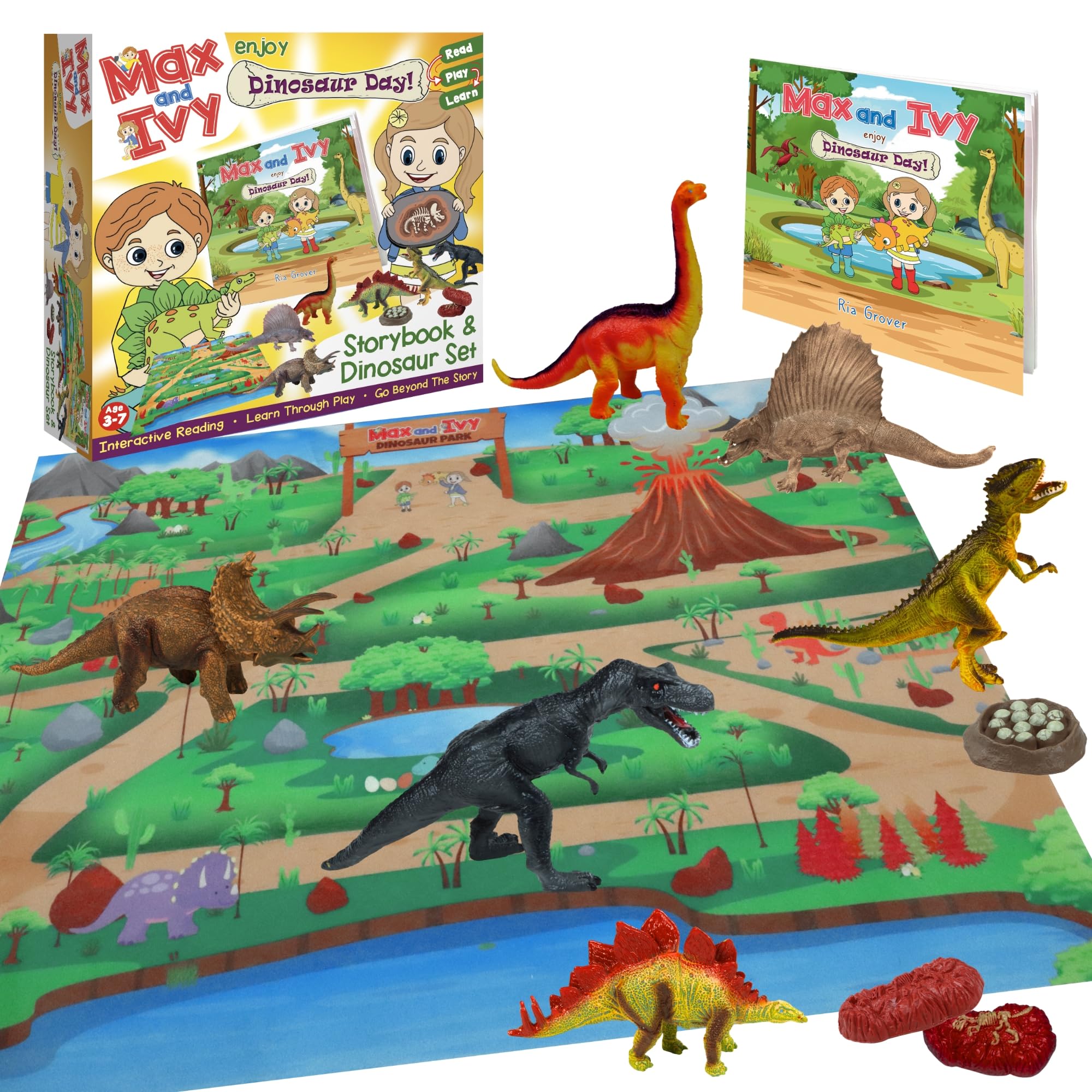 Dinosaur Toys for Kids Ages 3-7 – Ultimate Dinosaur Figures Playset with Playmat, Fossils & Eggs – Educational Dinosaur Toy with Fun Illustrated Storybook – Science Learning Set – Max and Ivy