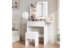 Haewon Small Vanity Desk with Mirror and Lights, Makeup Vanity with Charging Station, Compact Dressing Table Set with Storage Chair, Drawer and Shelves for Bedroom, White