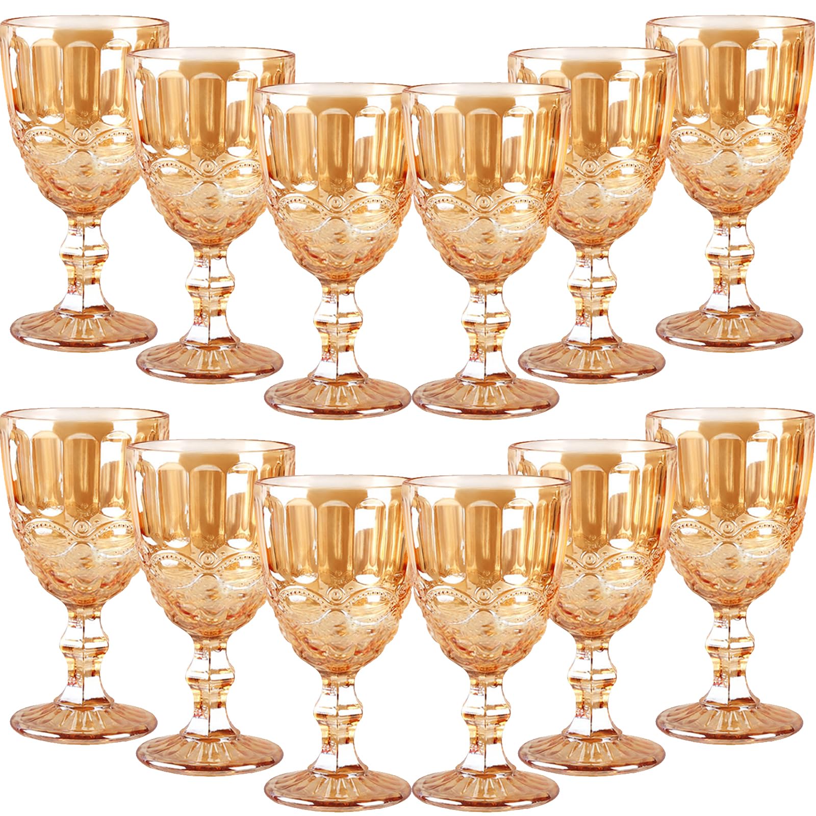 Photo 1 of 12 Pcs Vintage Wine Glasses, 10 Ounces Colored Glass Water Goblets, Unique Embossed Pattern High Clear Stemmed Glassware Wedding Party Bar Glass Drinking Cups, Floral Amber Glasses Set of 12