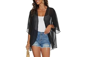 ADOREJOY Women's Tops Summer Kimono Cardigan Floral Print Puff Sleeve Swimsuit Cover Up Casual Loose Fit Blouse