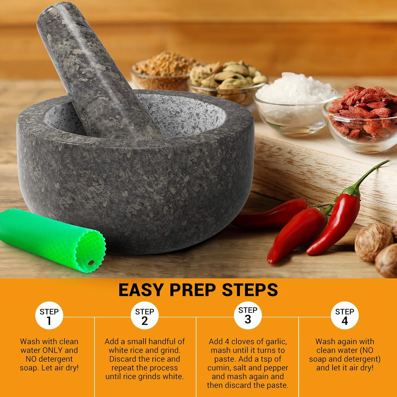 PriorityChef Mortar and Pestle Set, 100% Natural Granite with Polished Black Exterior Finish, 2 Cup Capacity, Silicone Garlic Peeler Included: Kitchen & Dining
