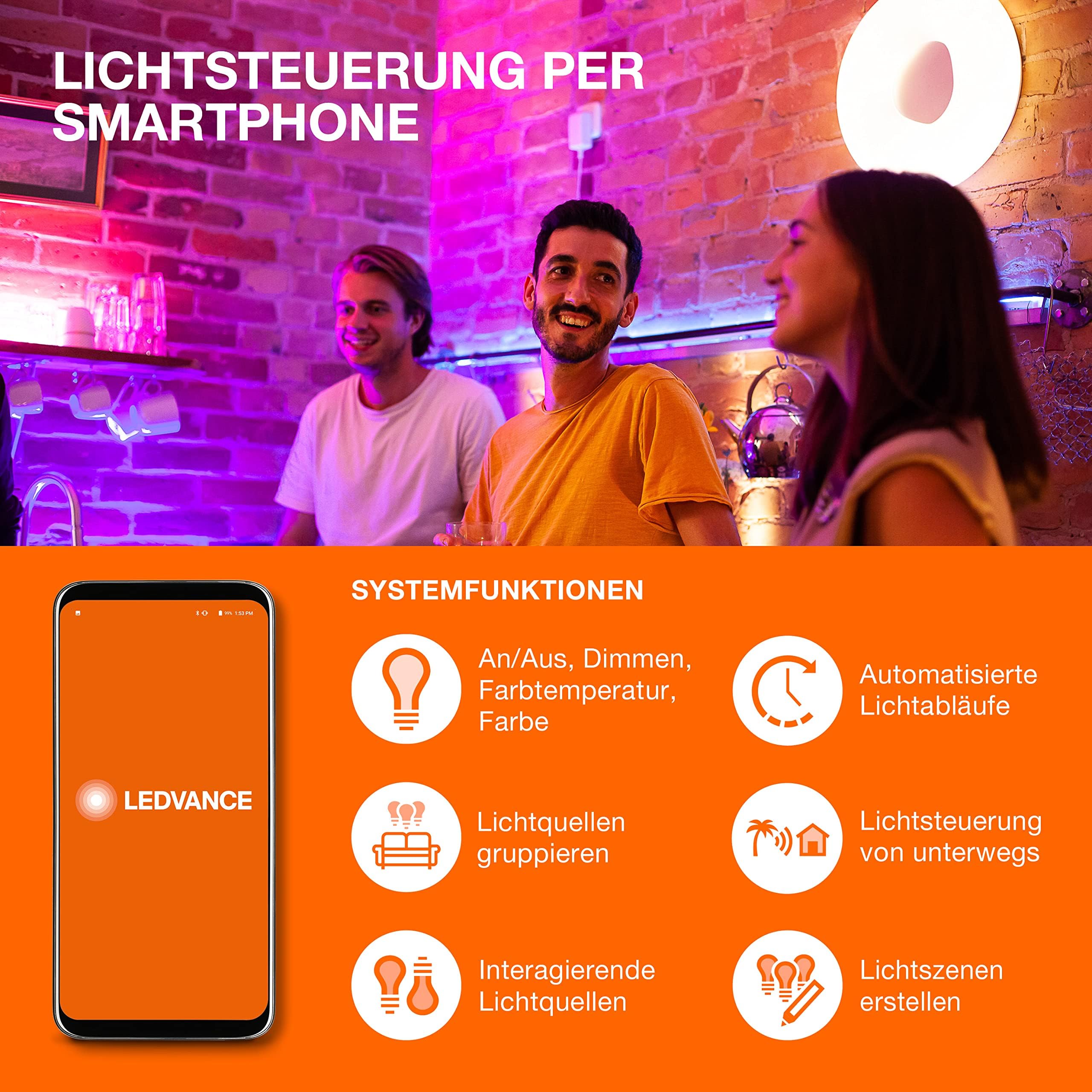 LEDVANCE SMART+ WIFI LED Stehleuchte, klein, schwarz, 2x 2,5W, 2x 480lm, regulierbares Weiß- und Farblicht, dimmbar, DIY- und Musikrhythmusfunktion, lange Lebensdauer, App-steuerbar, 2700-6500K 8