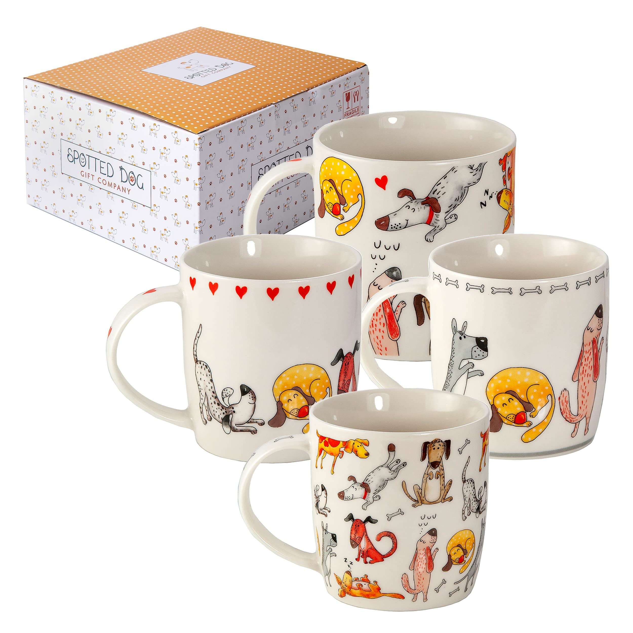 SPOTTED DOG GIFT COMPANY Dog Mugs Set of 4 – 350ml Ceramic China Coffee Mugs & Tea Cups - Funny Cute Dogs Themed | Dog Lover Gifts & Presents for Women, Men & Kids
