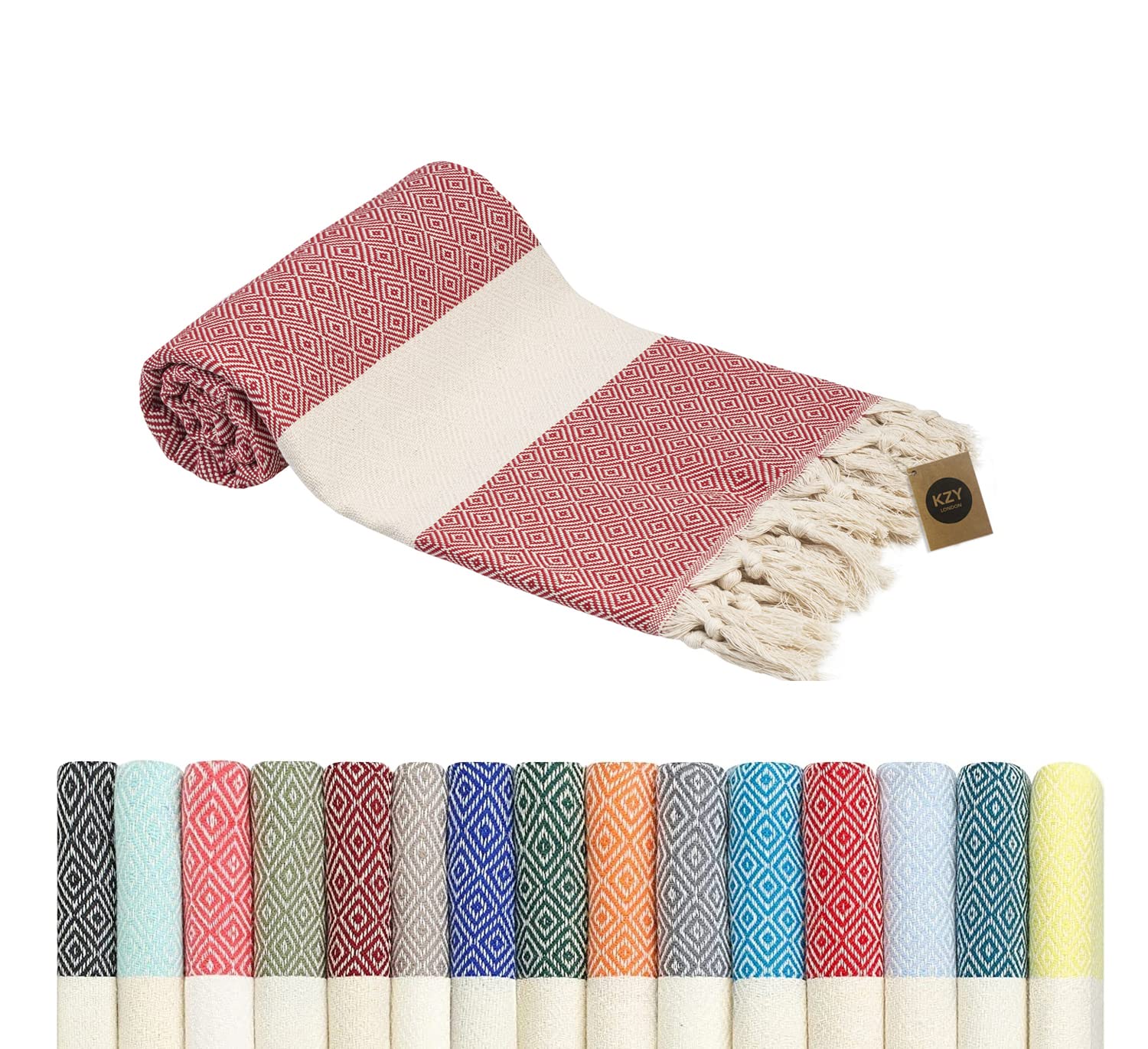 KZY LONDON Beach Towel - Large Turkish Beach Towels for Camping, Swimming, Bath, Gym, Picnic - Quick Dry, Super Absorbent, Lightweight, Compact Cotton Hammam Towels for Adults, Men, Kids (Red, 1)