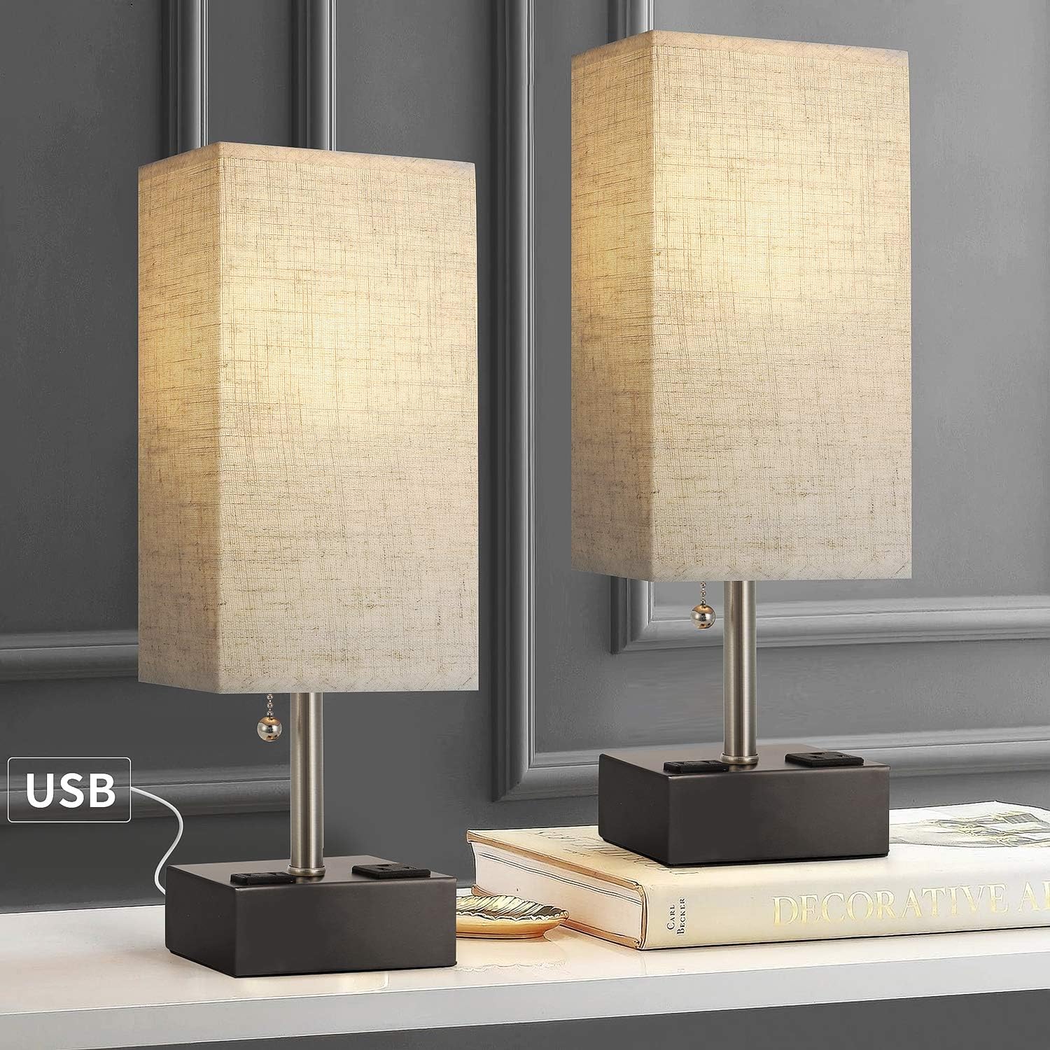 BOBOMOMO USB Table Lamp Set of 2 Bedside Lamps with 2 USB