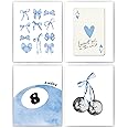 okaxscm Light Blue Coquette Trendy Preppy Wall Art Prints Set of 4, Coquette Preppy Room Decor, Blue Bow Disco 8 Ball Cherry Wall Decor Posters for Girls Bedroom Dorm, 8x10 Unframed