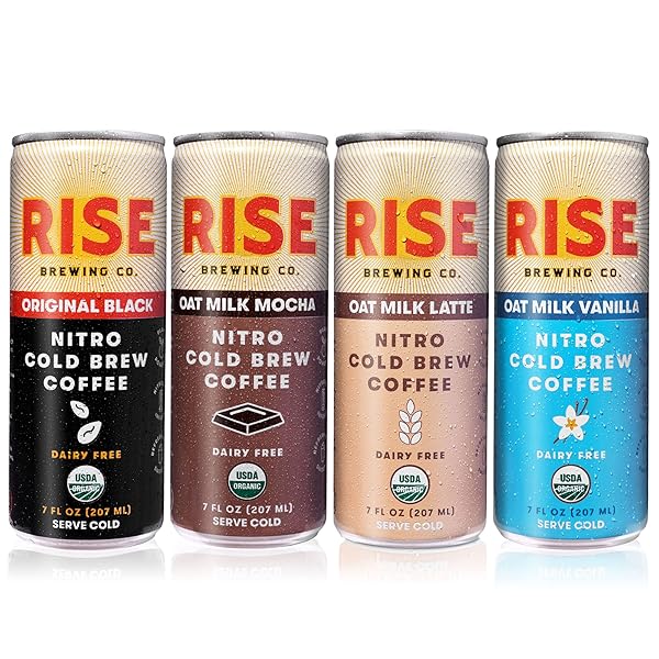 RISE BREWING CO. NITRO COLD BREW COFFEE, ORGANIC, NON-GMO, CLEAN ENERGY & LOW ACIDITY, 3X ORIGINAL BLACK, OAT MILK LATTE, OAT MILK MOCHA & OAT MILK VANILLA, 7 FL. OZ. CANS (12 PACK)