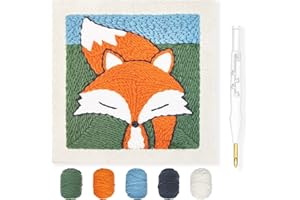 WOOL QUEEN Hand U Journey Animal Punch Needle Kit/Rug Yarn Hooking Beginner Kit,9.4''x9.4'' with Adjustable Punch Pen for Kids and Adults Craft Gift-Fox