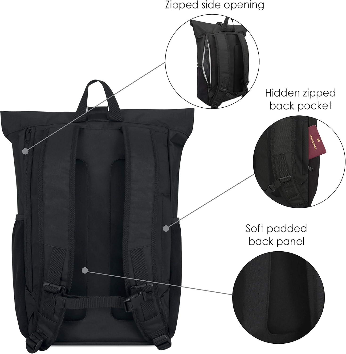 LARKSON Roll Top Backpack Women & Men Black, No 2, Rucksack for University School, Office, College Laptop Bag 16 Inches - Image 3