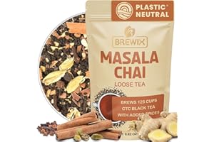 BREWIX, Masala Chai Tea Loose Leaf CTC TEA (125+ Cups, 8.82oz/250g) Strong Robust & Aromatic, All Natural | Blended with Exotic Spices | Ginger, Cinnamon, Cardamom, Clove & Black Pepper