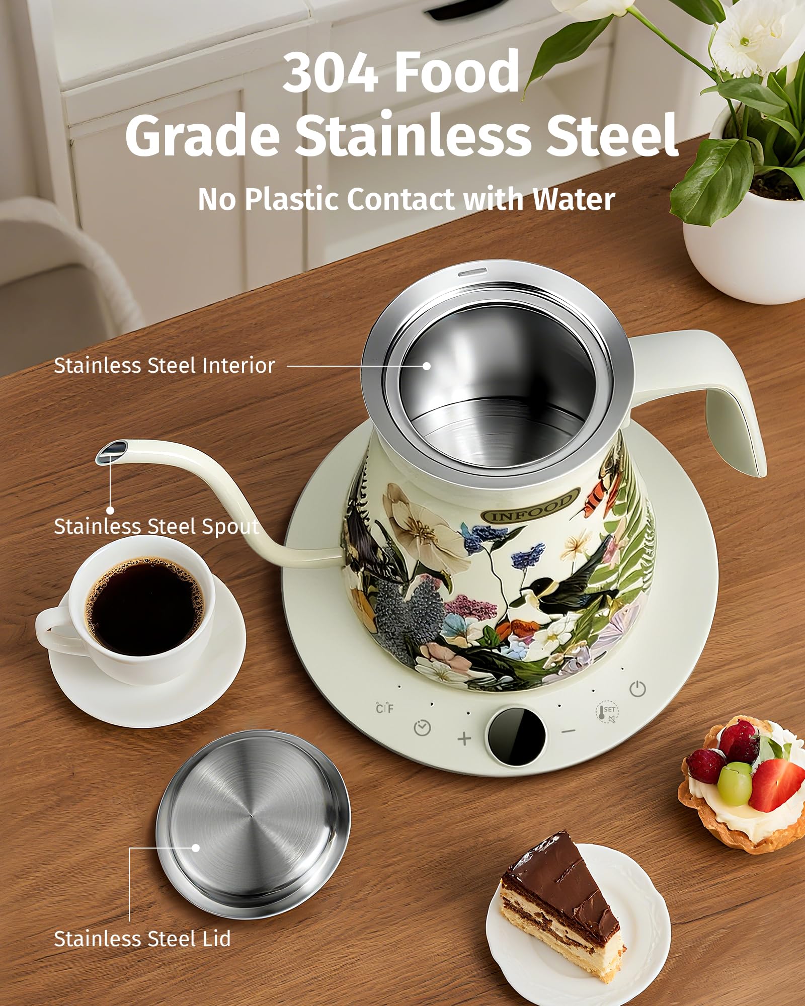 INFOOD Hervidor eléctrico de cuello de cisne de 0,8 L, control preciso de temperatura para verter café y té, agua de ebullición rápida de 1200 W, apagado automático, programación, acero inoxidable, diseño pintado floral