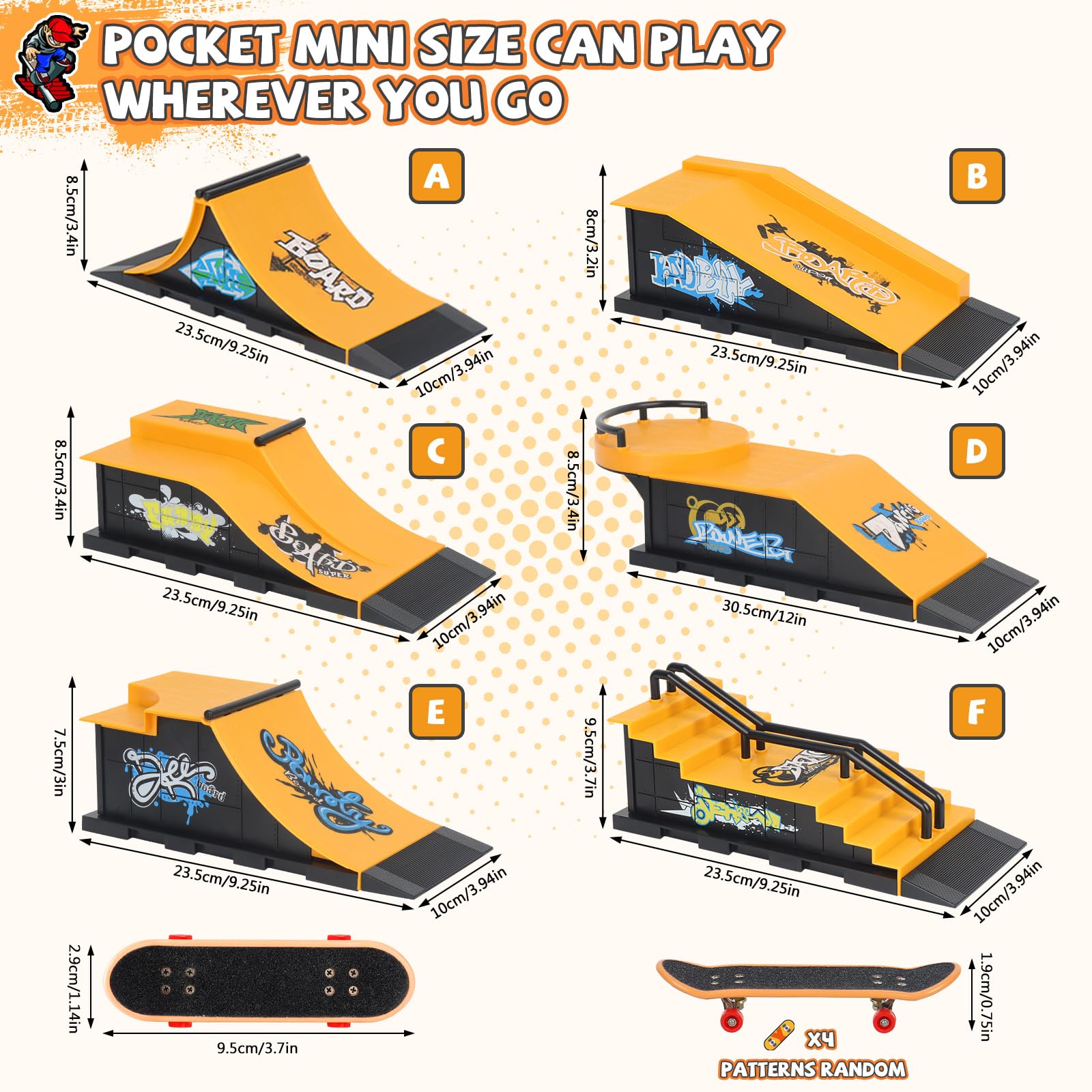 Finger Skateboard Ramps Set, 6-in-1 Bigger Fingerboard Skatepark Skate Park Kit Training Props with 6 Finger Skateboard 6 Finger Deck & Display Holder Finger Skate Toys for Kids & Adults Gifts