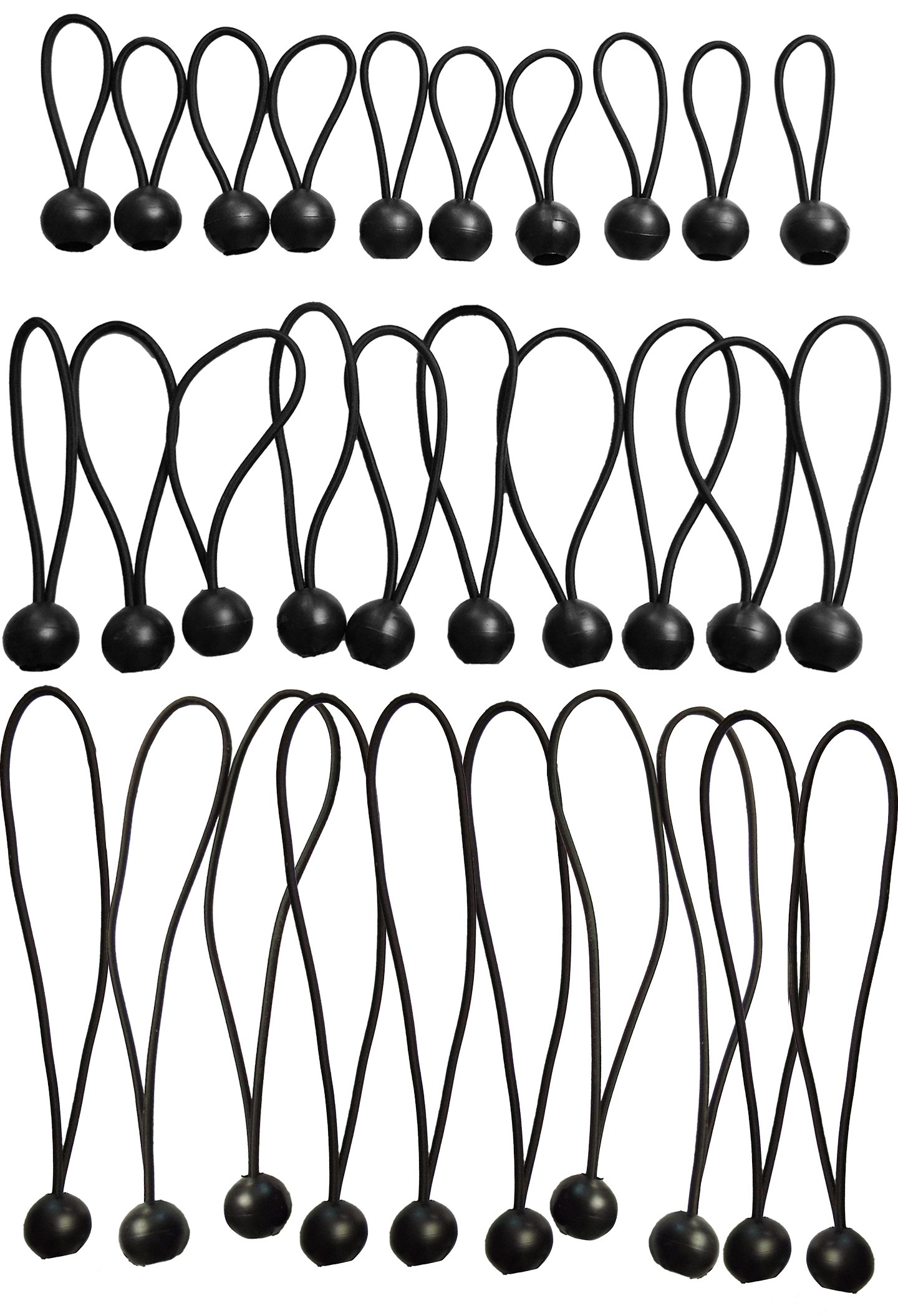 MULTI-SIZE mixed ball bungee pack,NOT SURE WHAT SIZE YOU NEED! 3 different sizes in one pack,ideal for camping,tarps,garden and indoor 10x 4"+10x6" + 10 x 10" = 30 in total