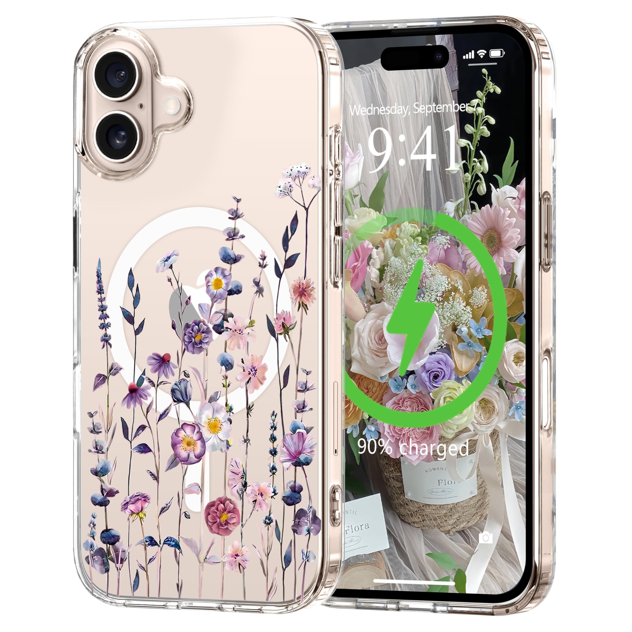 L-FADNUT Magnetic for iPhone 16 Case, Compatible with Magsafe Floral Pattern Design, Clear Girly Flower Cover Slim Bumper Shockproof Protective Phone Case for iPhone 16 Multicolor