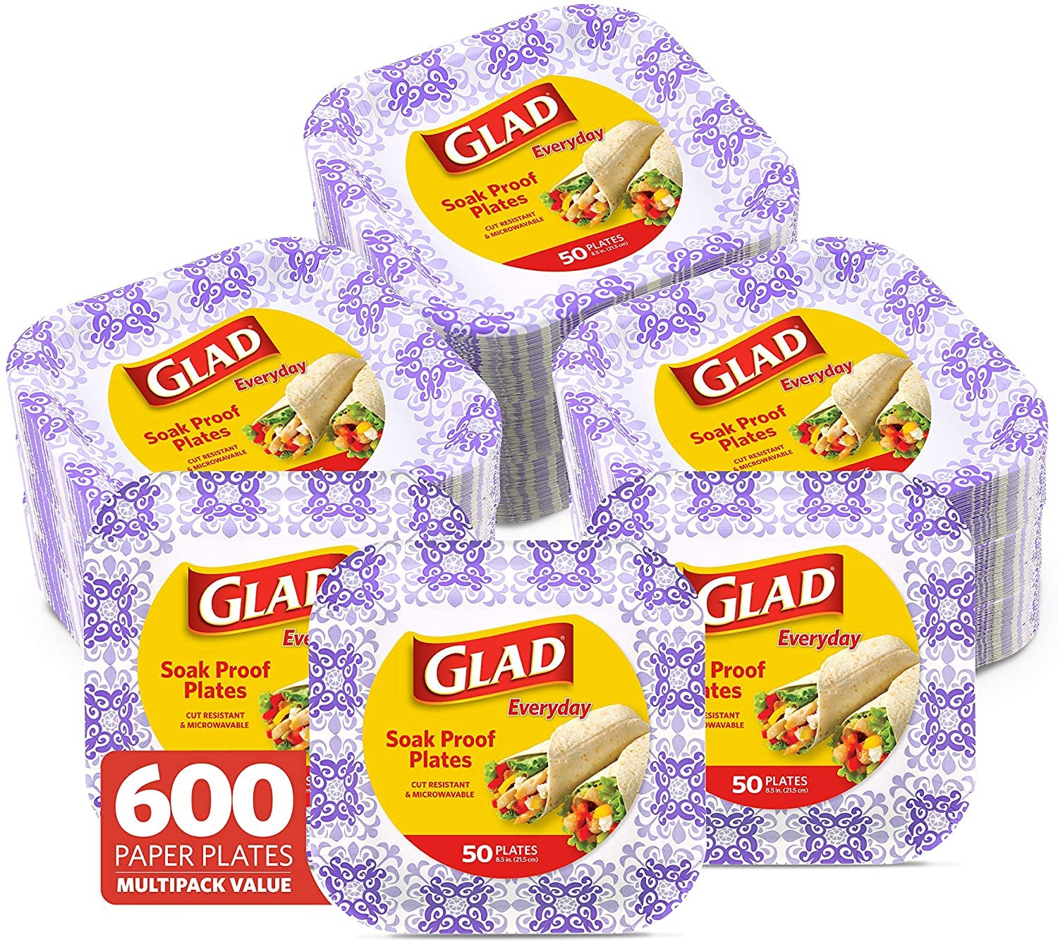 Glad Square Heavy Duty Paper Plates, Soak Proof and Cut Proof Disposable Plates for Parties and Everyday Meals, Microwaveable for Easy Serving, Purple Victorian Pattern, 8.5 Inch, 50 Count - 12 Pack Image