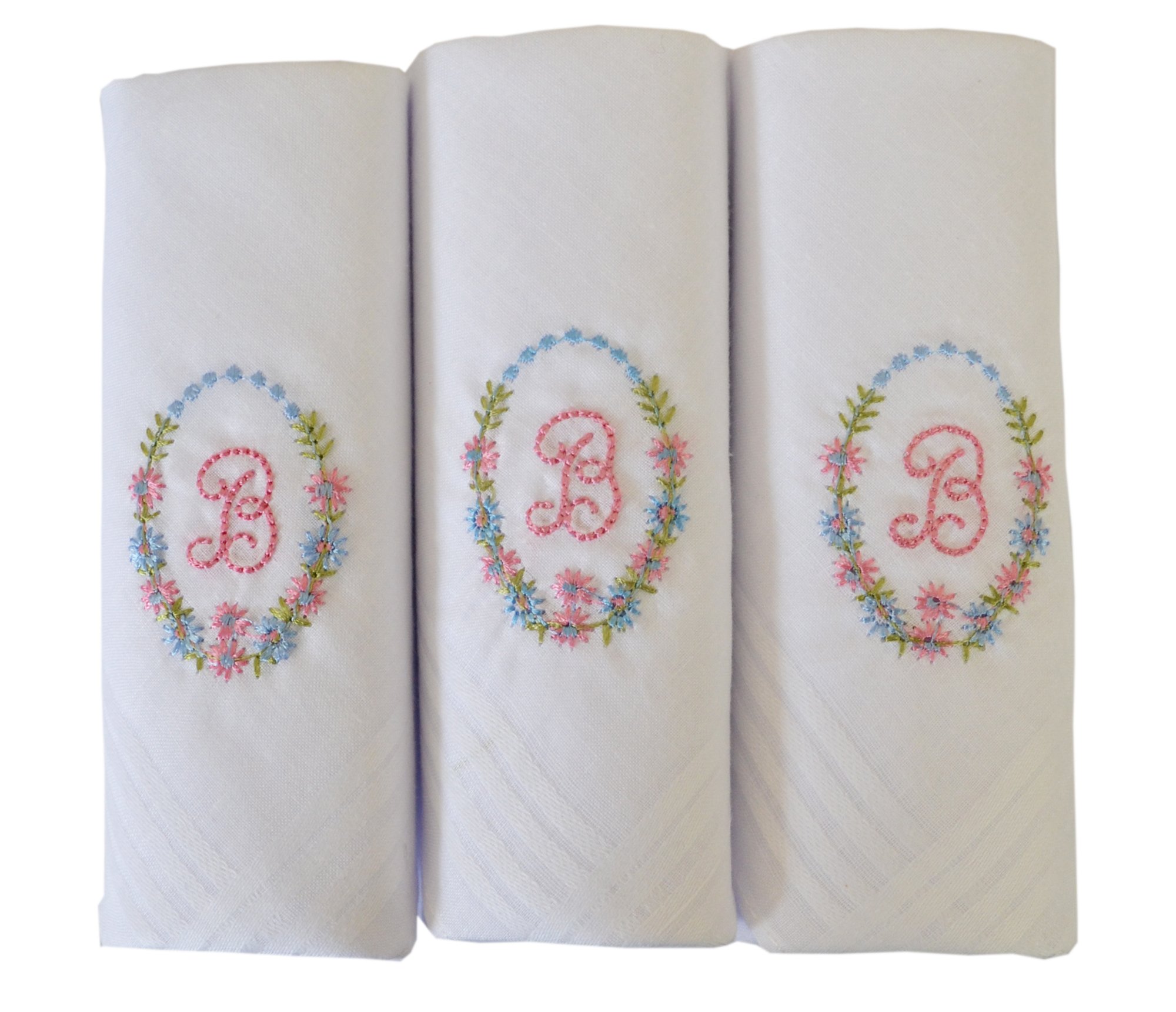 3 Pack Of Womens/Ladies Embroidered Initials Handkerchiefs With White Satin Border, B