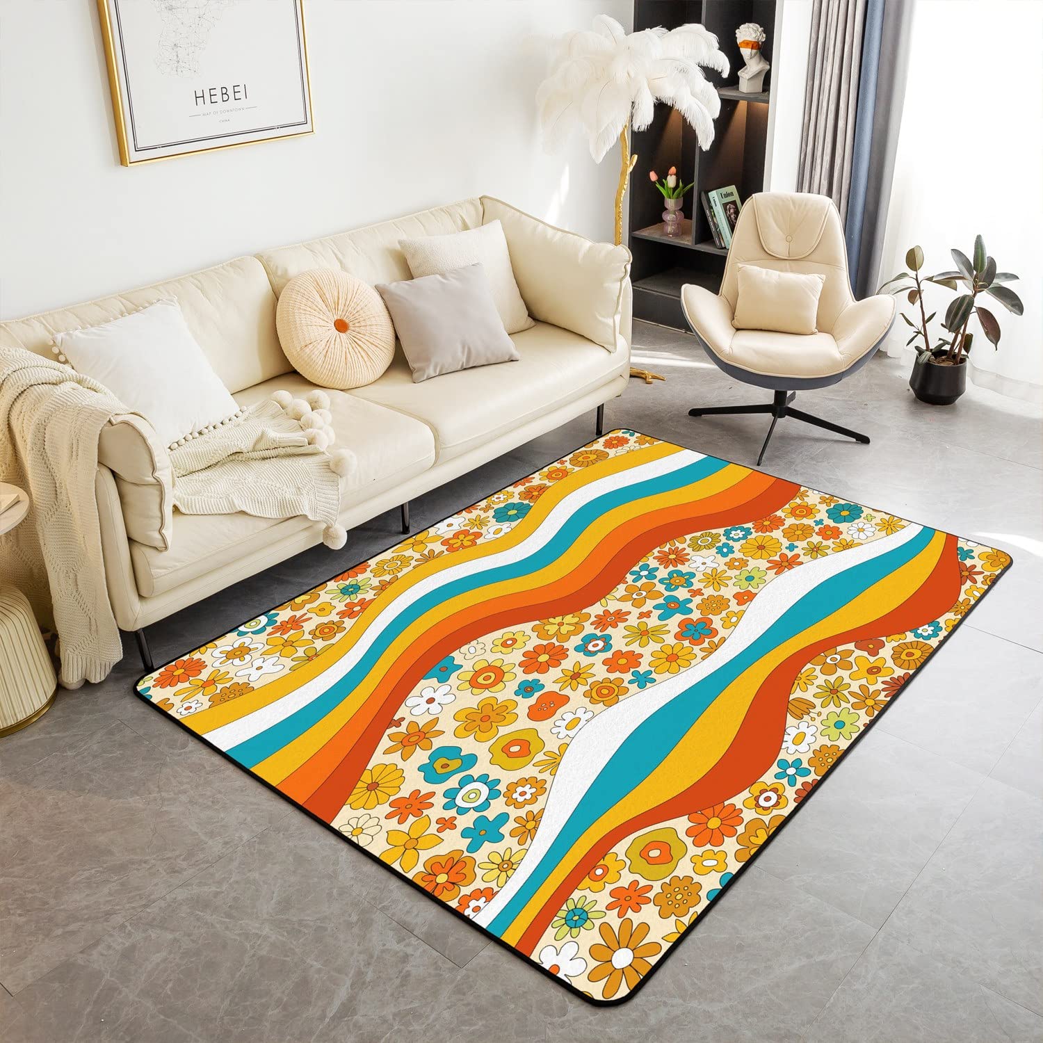 Loussiesd Retro Hippie Flower Living Room Rugs Kids 60S 70S Groovy Accent Rug Room Decor Vintage Rainbow Wave Decor Carpet Orange Indoor Floor Mat Area Rug 100X150cm