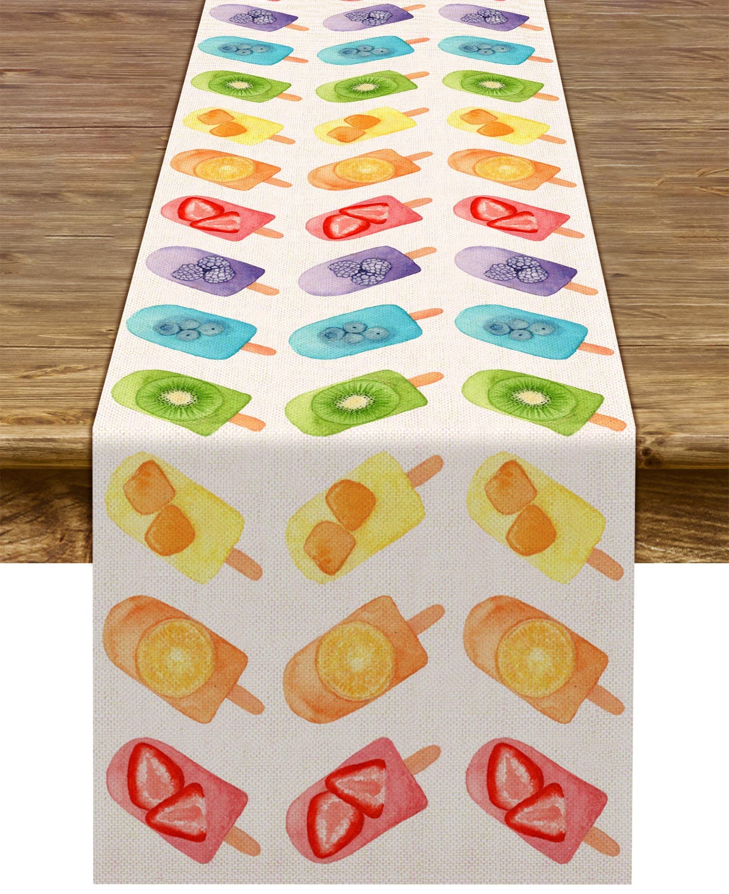 Photo 1 of Pudodo Linen Watercolor Popsicle Table Runner Ice Cream Summer Fruit Baby Shower Kitchen Dining Room Home Decoration