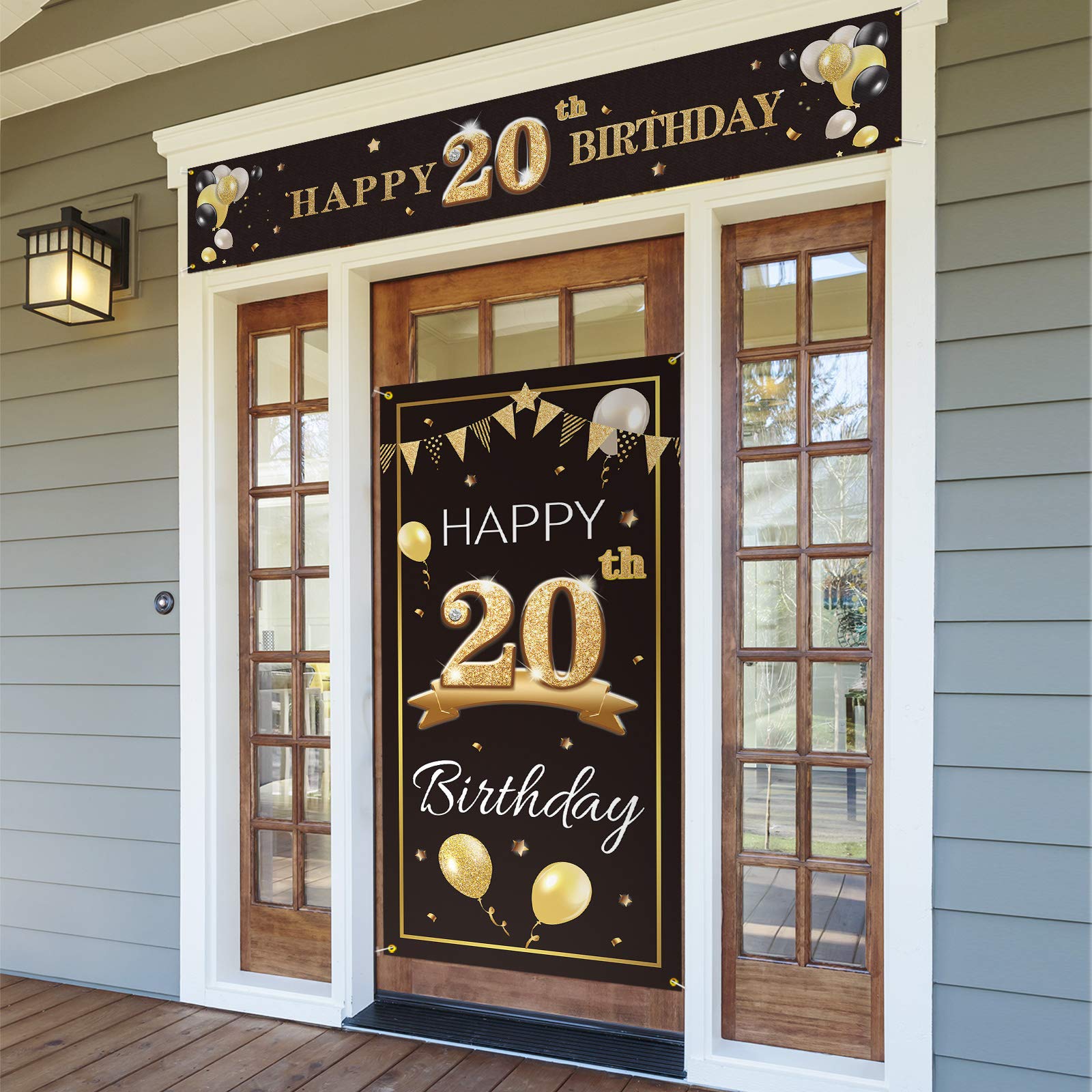 PAKBOOM Happy 20th Birthday Door Cover Porch Banner Sign Set - 20 Years Old Birthday Decorations Party Supplies for Men - Black Gold
