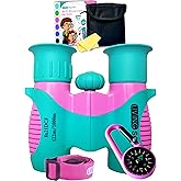 Kids Binoculars Black 8x21 Shockproof Set Ages 3–12 with Case, Neck Strap, Compass & Carabiner | High Resolution Optics for Outdoor Adventures, Bird Watching & Hiking for Boys