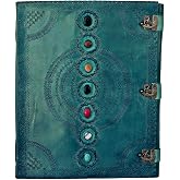 TUZECH Seven Chakra Medieval Stone Embossed Handmade Jumbo Leather Journal Book of Shadows Notebook Office Diary College Poetry Sketch With Leather Bound (Ocean Blue, 13 Inches)