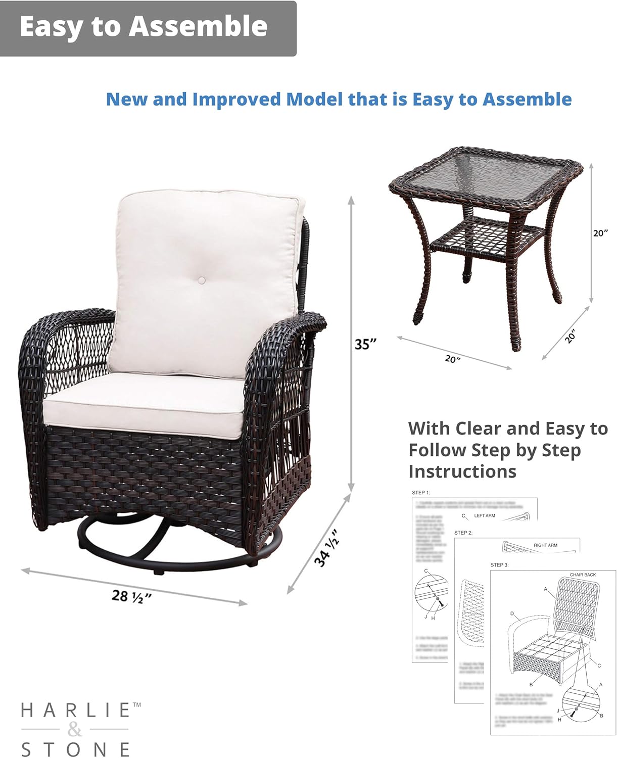 Harlie & Stone Outdoor Swivel Rocker Patio Chairs Set of 2 and Matching Side Table - 3 Piece Wicker Patio Bistro Set with Premium Fabric Cushions: Kitchen & Dining