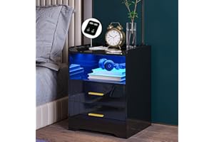 HNEBC LED Nightstand with 2 USB Ports, High Gloss Night Stand with 2 Drawers, Black Bedside Tables with Human Sensor, End Table has 3 Color LED Lights/Adustable Brightness (Black)