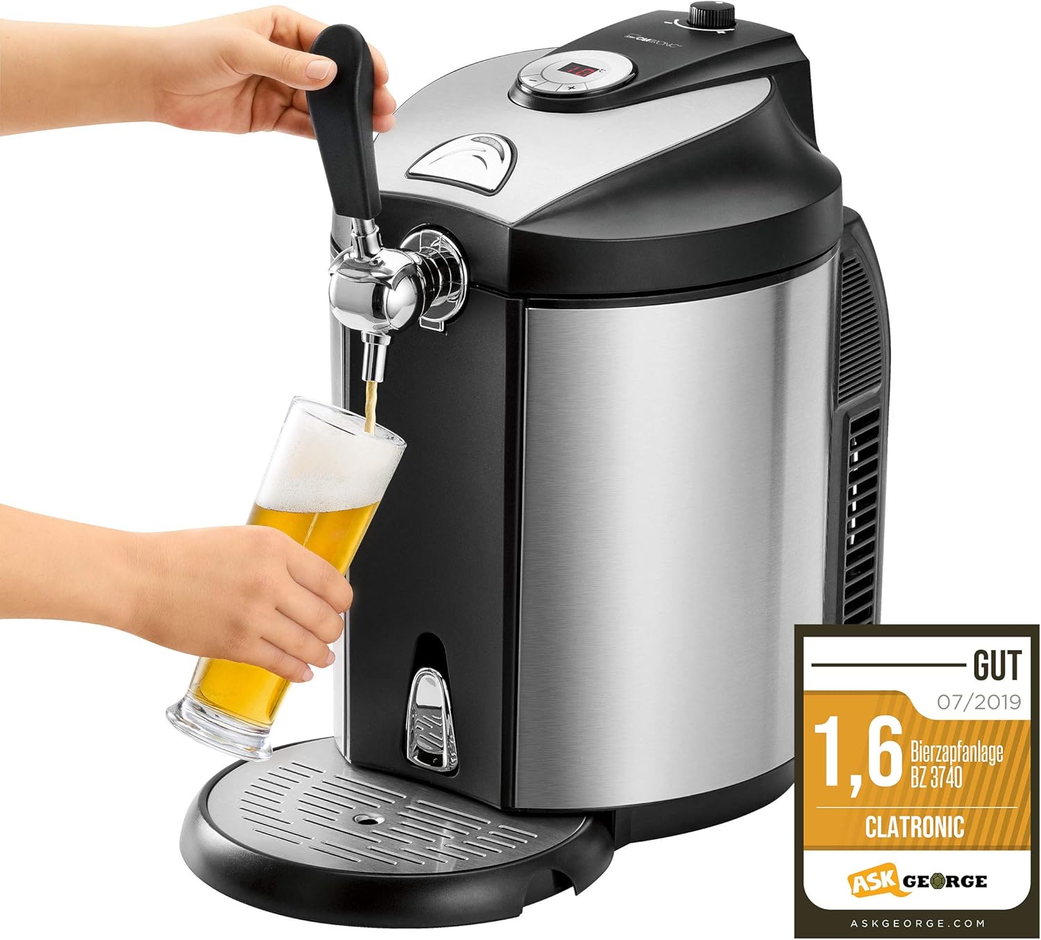 Clatronic BZ 3740 Bierzapfanlage für alle handelsüblichen 5 Liter-Partyfässer, LED-Display zur komfortablen Temperaturregelung/Kühlung von 2°C-12°C, hochwertiges Edelstahlgehäuse