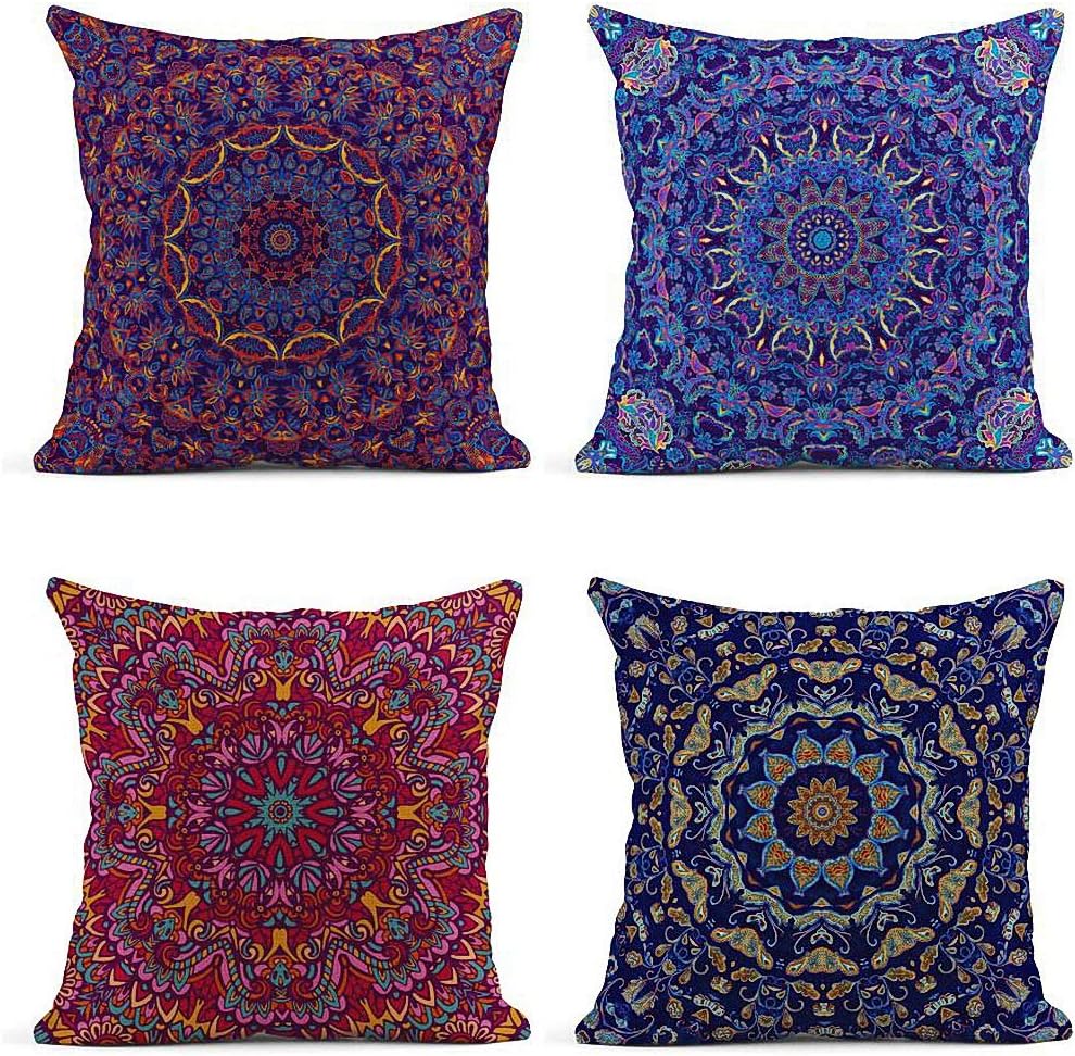 ArtSocket Set of 4 Throw Pillow Covers Watercolor Pattern Ceramic Tiles and Oriental Vintage Round Colorful Painting Decor Linen Pillow Cases Home Decorative Square 18x18 Inches Pillowcases