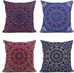 ArtSocket Set of 4 Throw Pillow Covers Watercolor Pattern Ceramic Tiles and Oriental Vintage Round Colorful Painting Decor Linen Pillow Cases Home Decorative Square 18x18 Inches Pillowcases