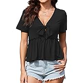 ArtJuly Womens Sexy V Neck Tops Summer Cute Ruffle Shirts Cutout Tie Bow Blouse Short Sleeve Crop Tops