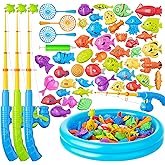 Magnetic Fishing Pool Toys Game for Kids Toddlers 3-5 4-8, Water Table Bathtub Toy with Inflatable Pool Pole Rod Net Plastic Floating Fish, Water Bath Pool Outdoor Toys for Kids Toddlers Baby