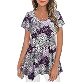 Nandashe Women Short Sleeves Tunic Shirts Casual Scoop Neck Floral Irregular Hem Blouses Tops