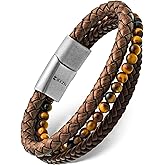 RTZN® Brown Leather Bracelet for Men – Premium Artisan Handcrafted Mens Leather Bracelet – Multi-Stand Mens Bracelet Leather Collection | Beaded Tiger Eye, Silver Chain, and Braided Brown Leather