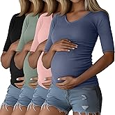 Ficerd 4 Pack Women’s Maternity Shirts, Cotton Half Sleeve Pregnancy Tops Ribbed V Neck Casual Slim Fit Maternity Clothes