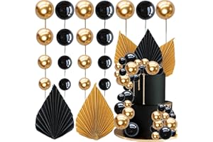 Ephlyn 28Pcs Paper Palm Fan Cake Topper Balls Cake Pick Decoration for Baby Shower Wedding Bridal Shower Birthday Party DIY Cake Decorations Supplies Black Gold