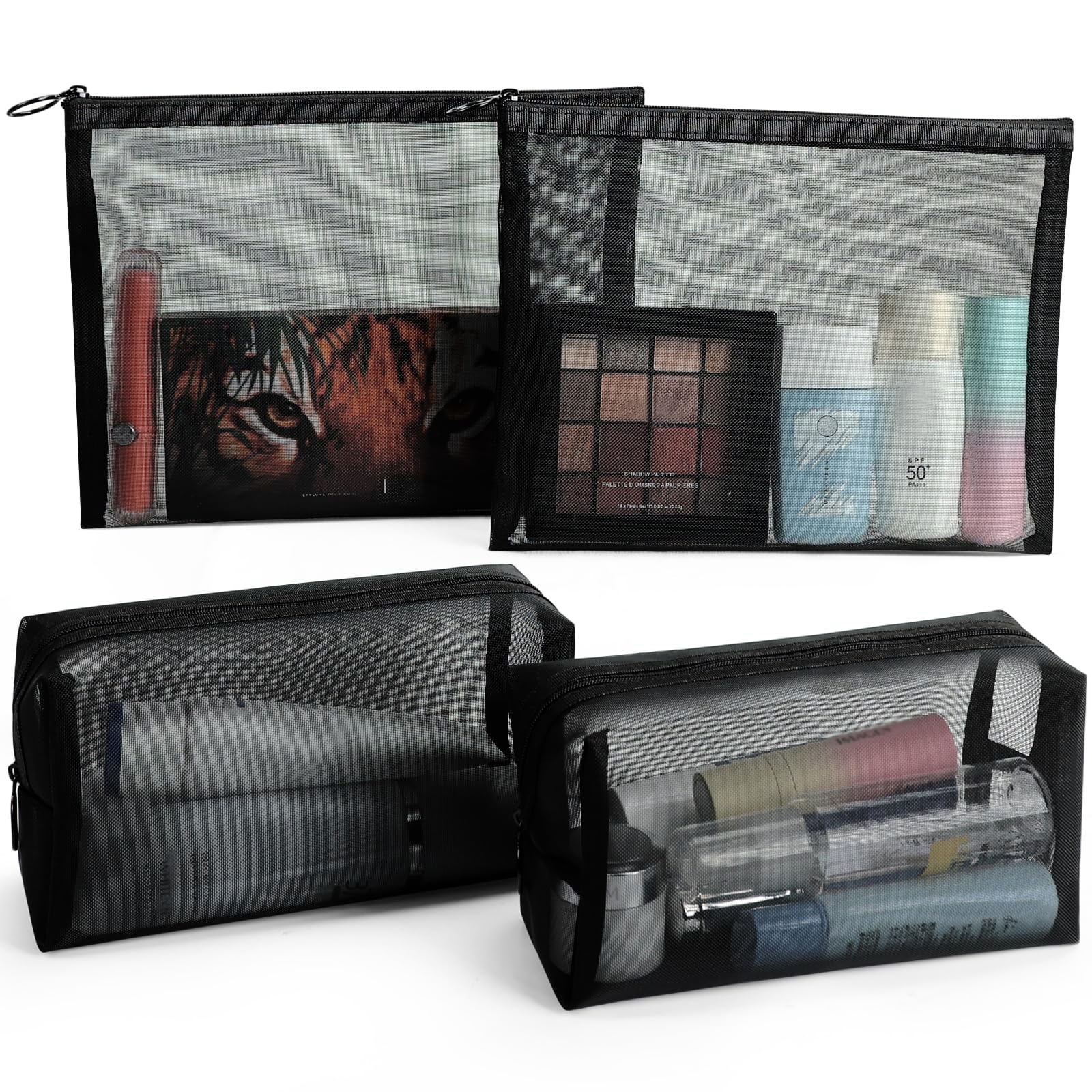 Photo 1 of besharppin 4 Pack Mesh Cosmetic Bags, Nylon Mesh Makeup Bags Set, Multipurpose Makeup Pouches, Travel Essentials Beauty Bag Set(Black)