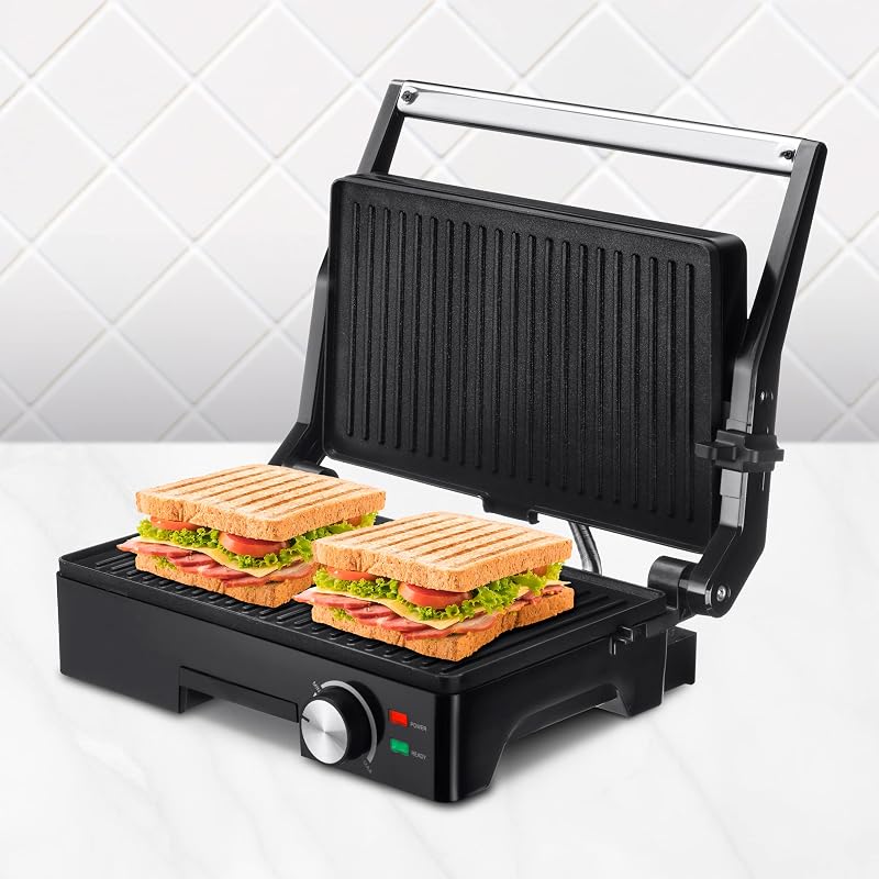 Teide Parilla Eléctrica, Panini Press Grill, 1600W, Placas Antiadherentes, Apertura 180º, Regulador de Temperatura, Asa Toque Frio, Negro — foto 3 de 6