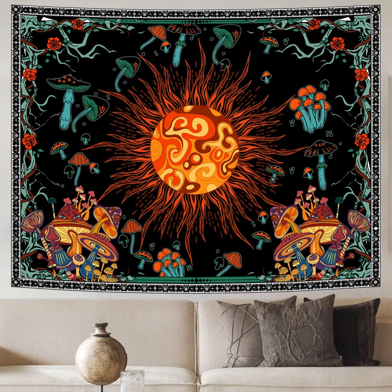 Tapestries - MAMHSABC Burning Sun Tapestry Mushroom Tapestry Flower Vines Tapestries Mystic Tapestry Hippie Tapestry for Home Decor Bedroom Living Room Dorm Decor