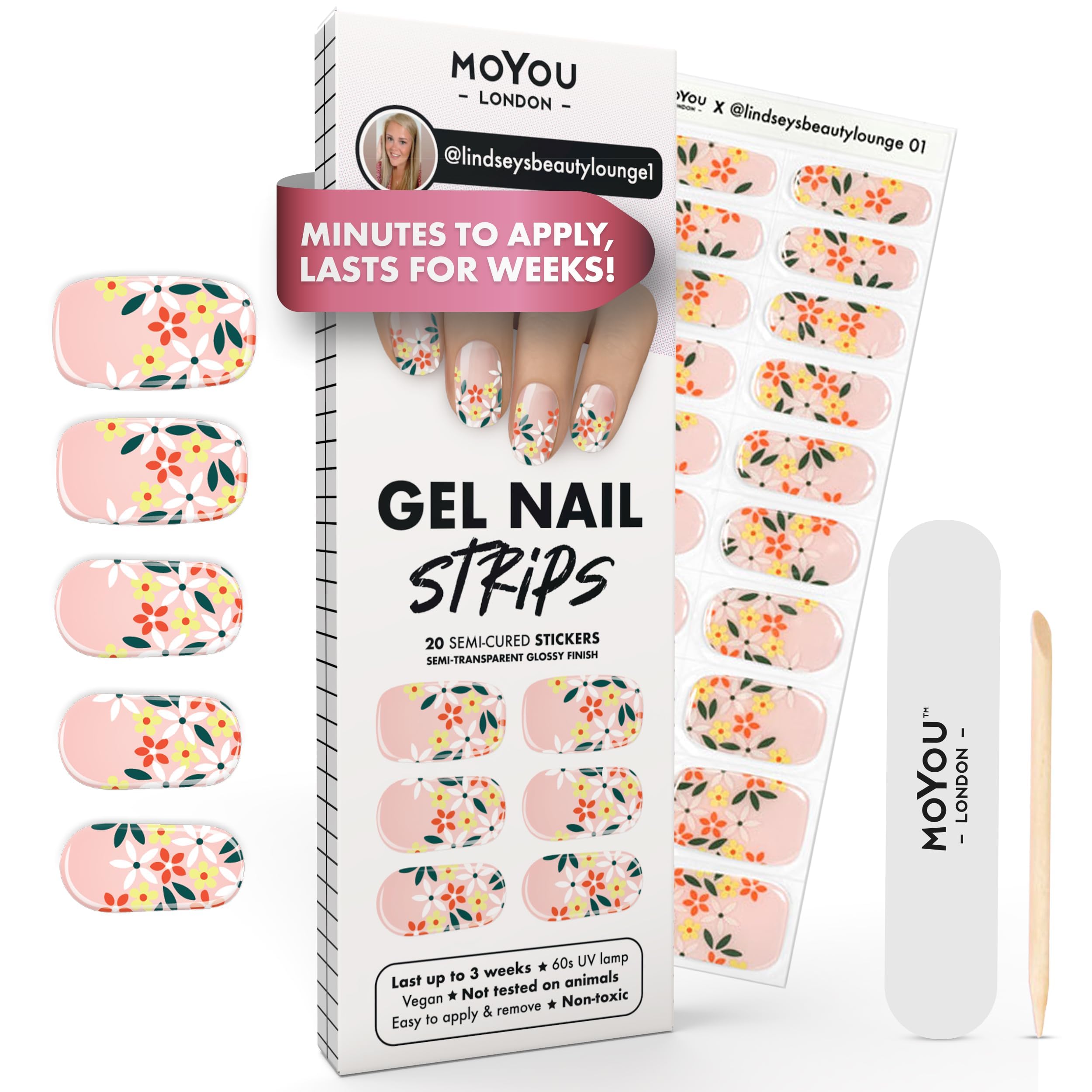 MOYOU LONDON Semi Cured Gel Nail Strips - 20 Pcs. Waterproof Gel Nail Wraps, Cures in Sunlight or UV/LED Lamp, Lasts Up to 2+ Weeks, Stretchable, Easy to Apply & Remove, Vegan & Cruelty-Free