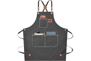 AFUN Chef Aprons for Men Women with Large Pockets, Cotton Canvas Cross Back Heavy Duty Adjustable Work Apron, Size M to XXL