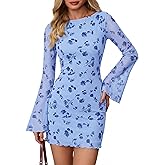 PRETTYGARDEN Women's 2026 Fall Fashion Floral Long Sleeve Mini Dress Mesh Bodycon Short Party Date Night Going Out Dresses