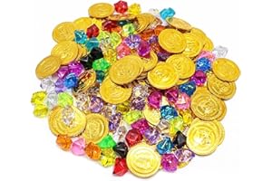 PEMALIN 160pcs Plastic Pirate Gold Coins Colored Gems Pirate Treasure Hunt Playset Toys for Kids Party Props Decoration Pirate Treasure Coins Jewels for Party Favor,Event,Wedding, Vase Fillers, Arts & Crafts