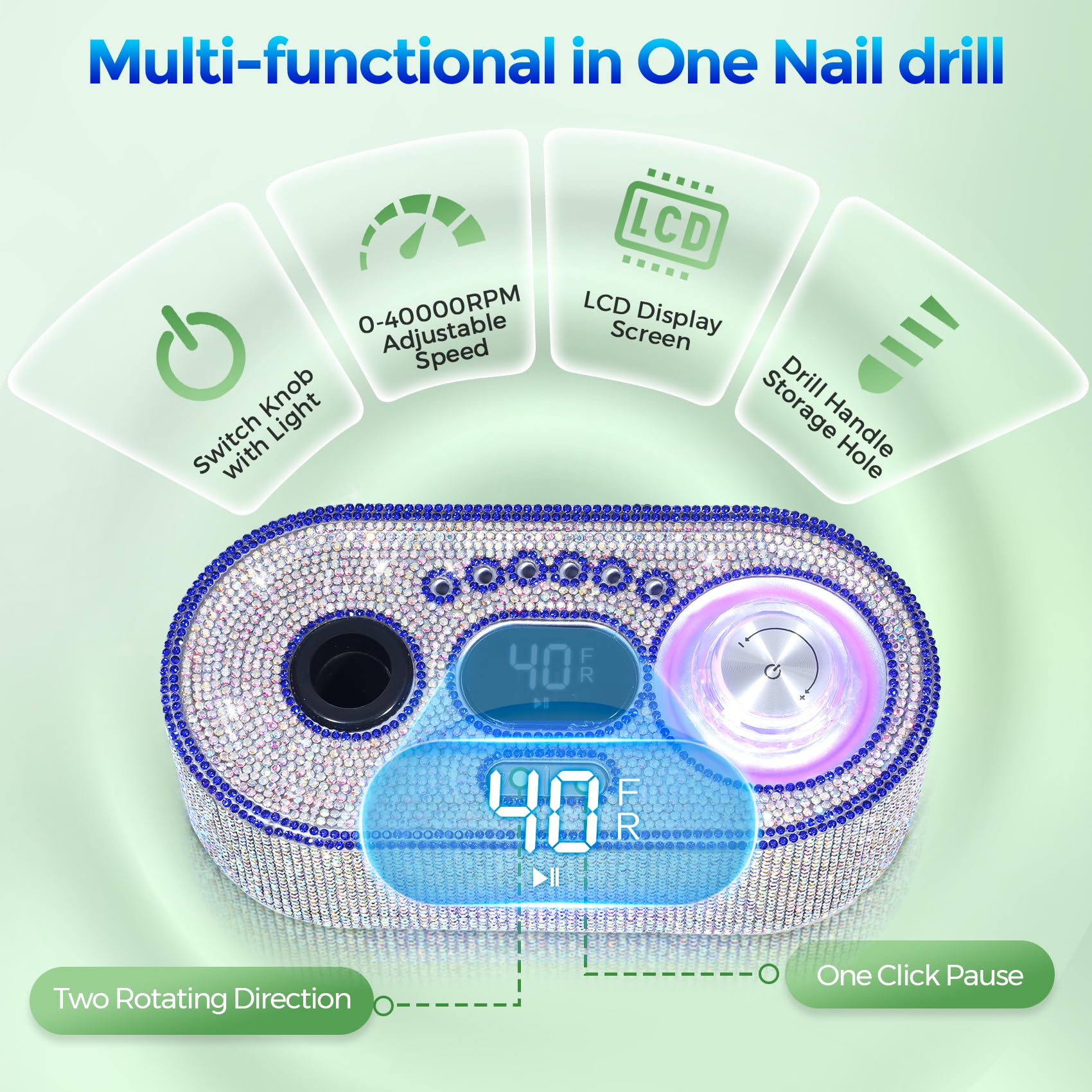 Nail Drill Electric File: DEDNMSCA Sparkly Professional Nail Drill Kit, 40000RPM E-File Machine with 12 Drill Bits for Acrylic Nails Remove Nail Gel Polish Manicure for Salon Home, Crystal Diamond - Image 4